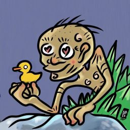 My precious ! Un petit dessin de Gollum avec un canard en plastic jaune, plein d'admiration ! Un peu d'humour, dessiné par Stéphane Pécaut en 2023