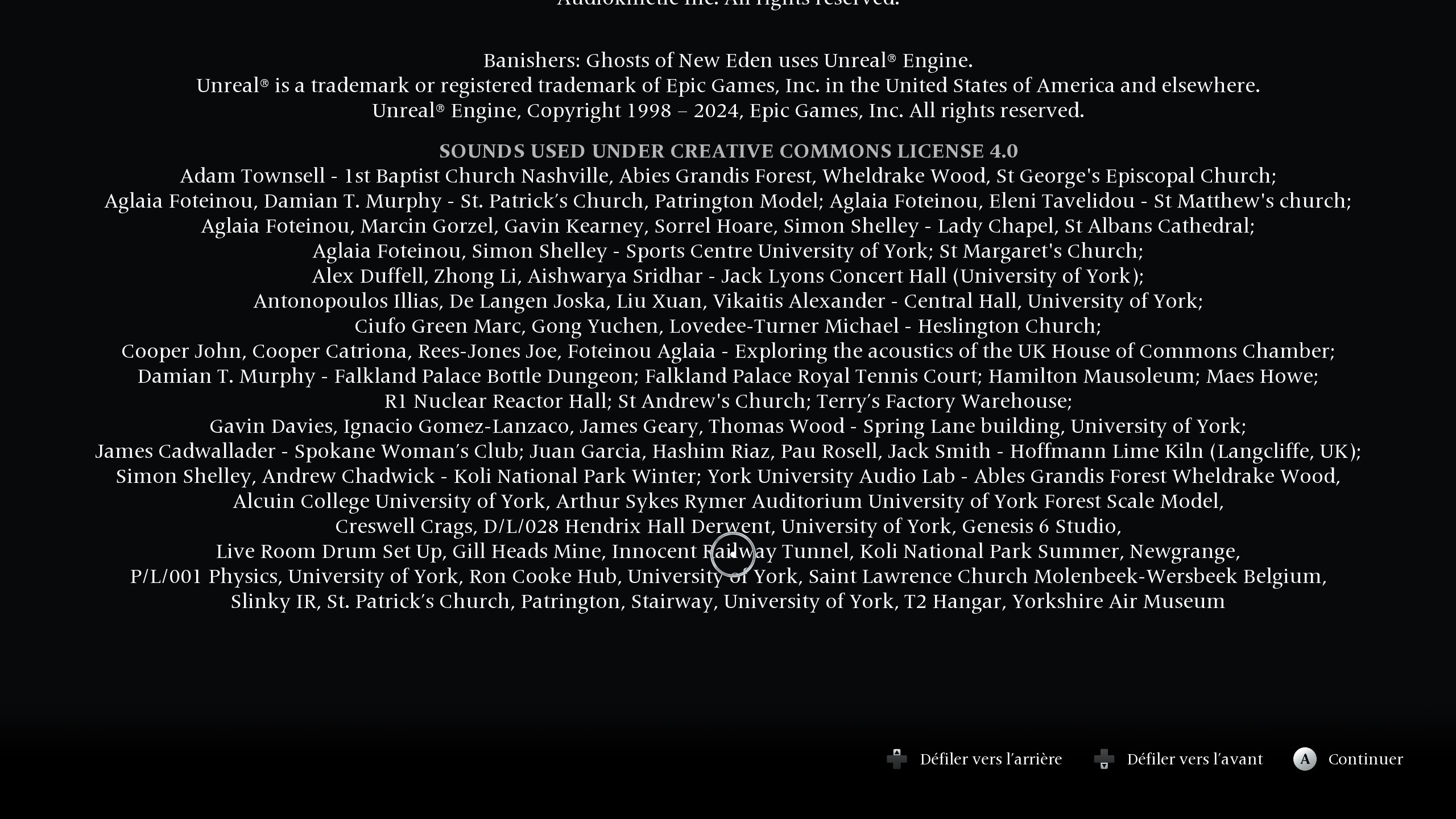 Sons utilisés sous  licence Creative Commons License 4.0 — Banishers: Ghosts of New Eden - citation par capture d'écran